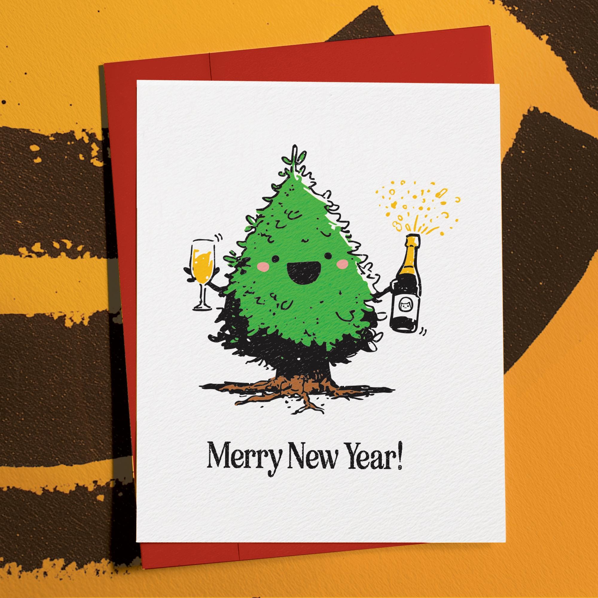 Funny New Year Card, Merry Christmas Tree Greeting, Holiday Champagne Party Stationery Gift for Friends and Family