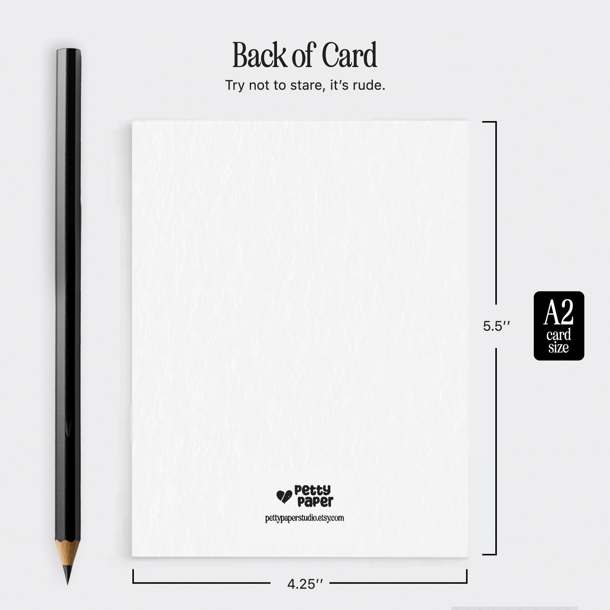 Example of the back of a card, there is a pencil to the left side for size reference. The card features a logo of Petty Paper, with the website below it.