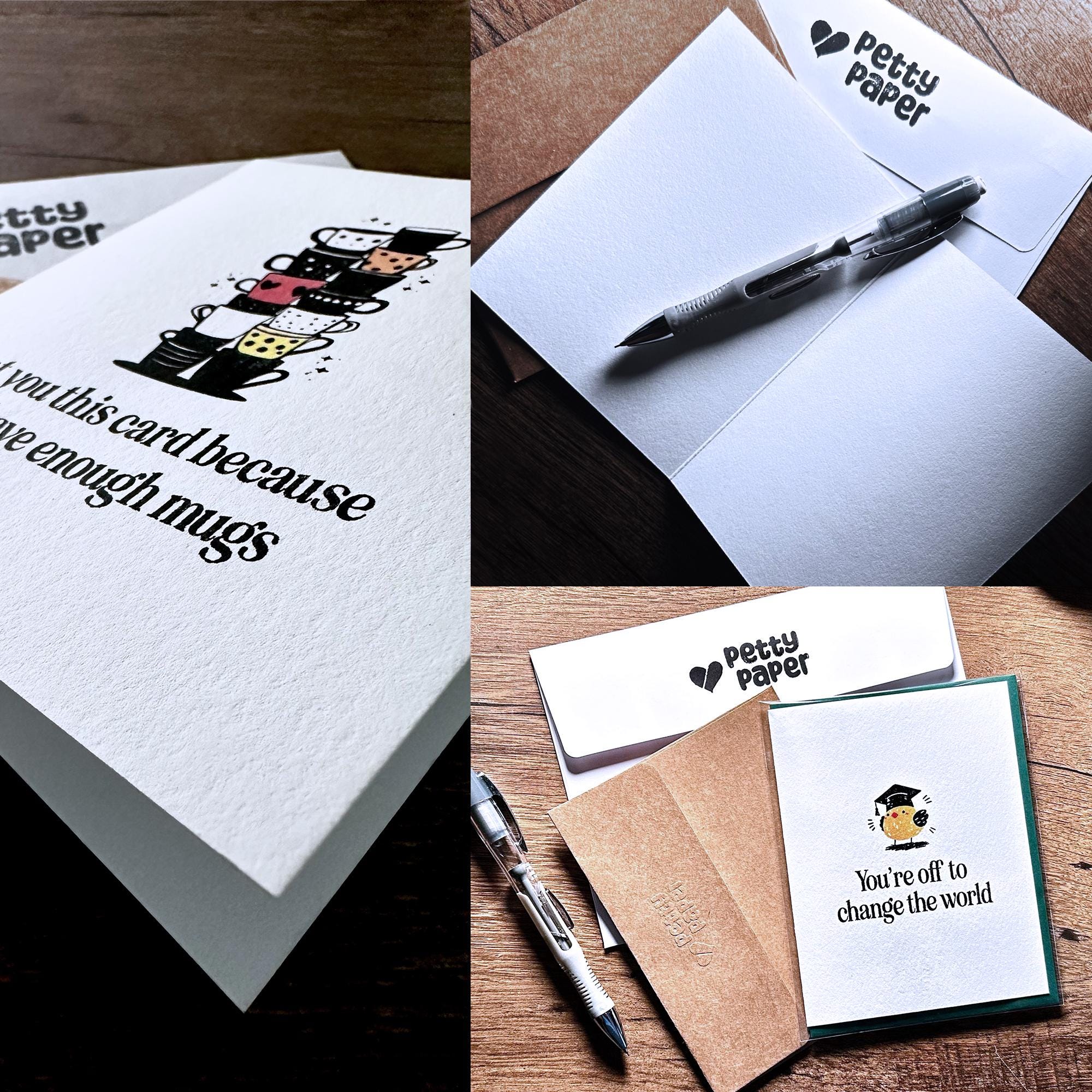 Multiple images showing card quality and how items are packaged. The cards are snarky and witty and include quality packaging. Petty Card Studio is one of the best Stationary and Greeting Card Companies.