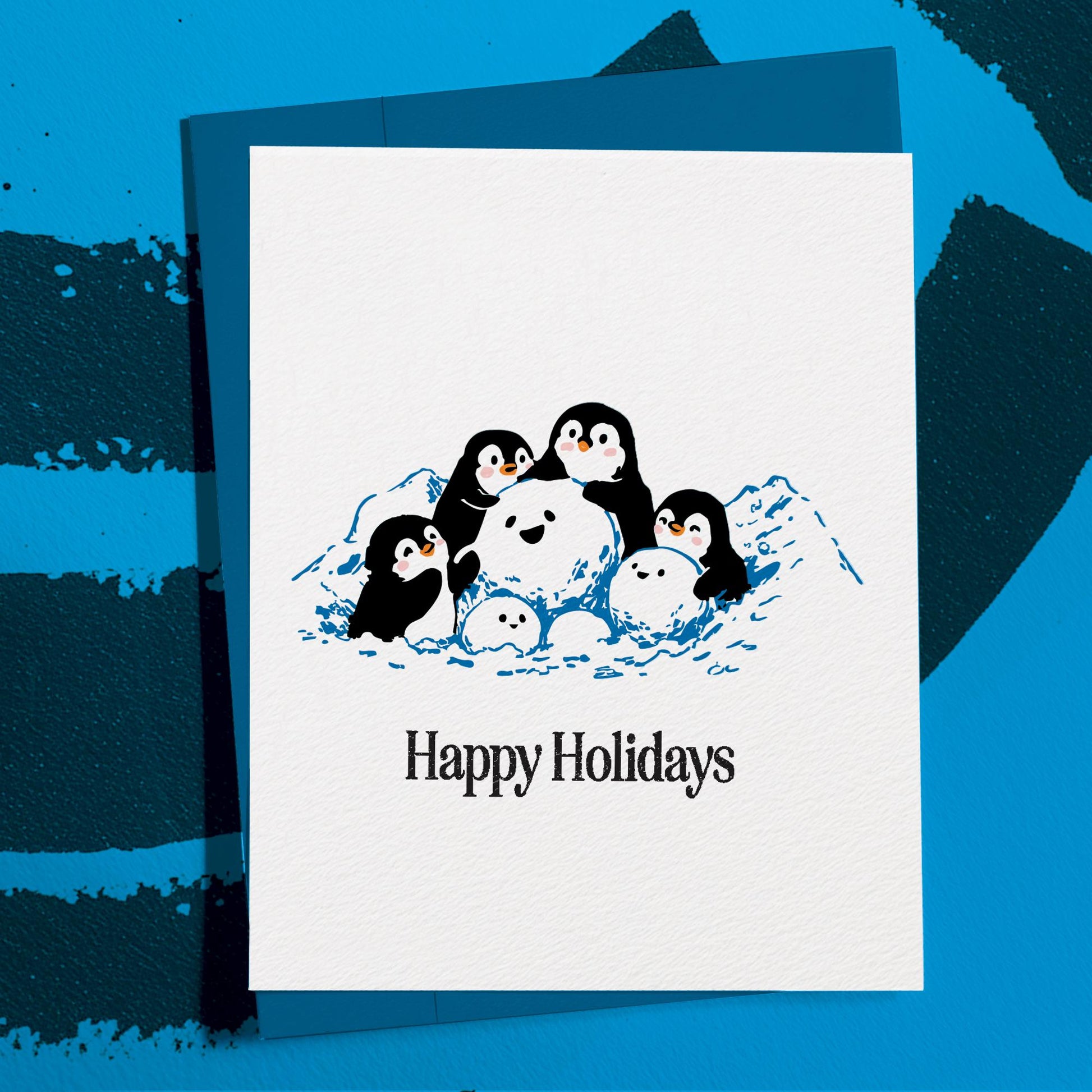 Holiday Card with Penguins and Snowballs, Cute Winter Christmas Greeting, Funny Seasonal Stationery Gift for Friends, Family, and Coworkers