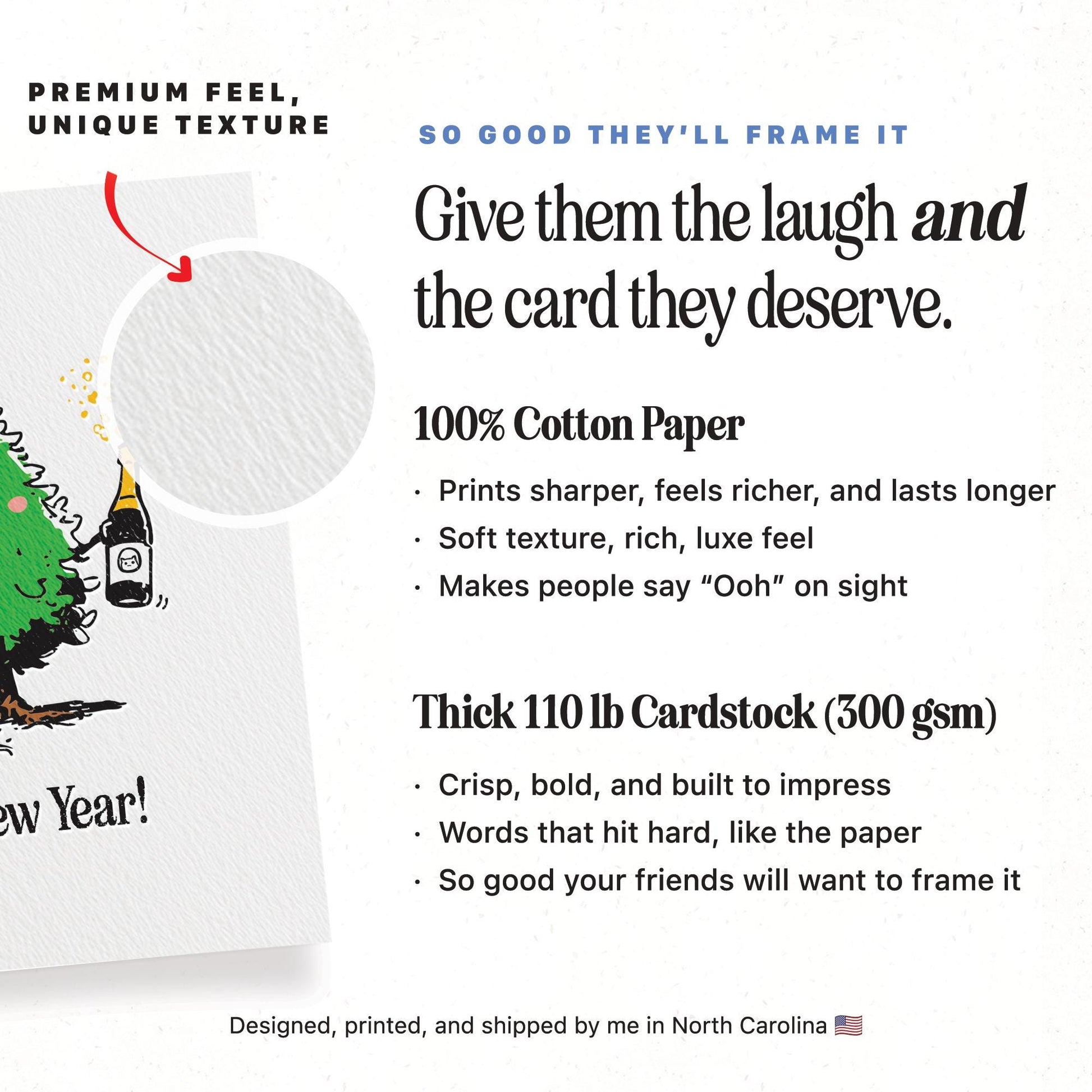 Happy New Year Card, Funny Christmas Tree Champagne Greeting, Festive Party Stationery Gift for Friends and Family