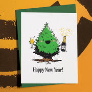 Happy New Year Card, Funny Christmas Tree Champagne Greeting, Festive Party Stationery Gift for Friends and Family